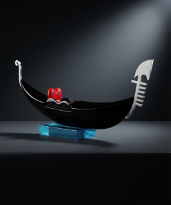 Alternative view of Luxury Murano Glass Venetian Gondola Sculpture – Black & Red Heart Boat on Turquoise Wave Base