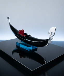 Luxury Murano Glass Venetian Gondola Sculpture – Black & Red Heart Boat on Turquoise Wave Base