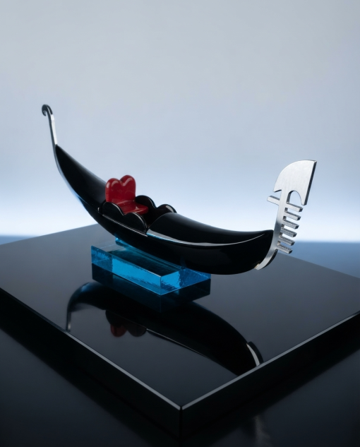 Luxury Murano Glass Venetian Gondola Sculpture – Black & Red Heart Boat on Turquoise Wave Base