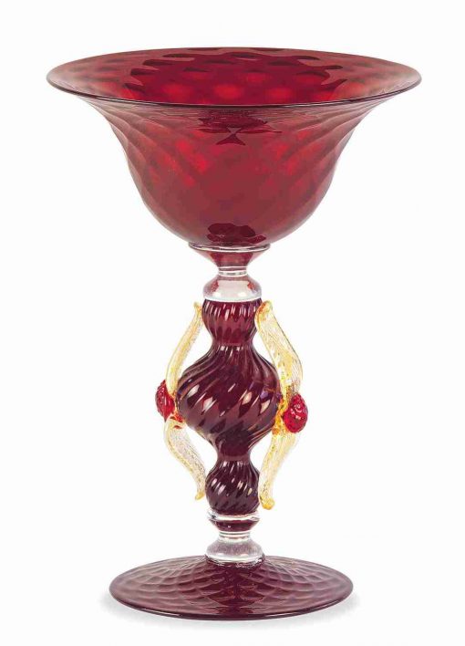 Royal Red and Gold Murano Glass Chalice – 24cm Hand-Blown Rigata Centerpiece Bowl
