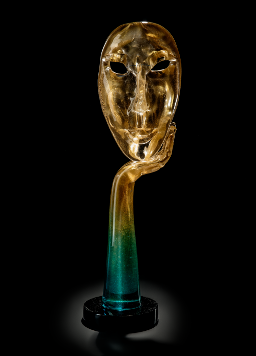 Luxury Murano Glass Surrealist Mask Sculpture – 24K Gold Face on Blue-Green Arm & Black Base