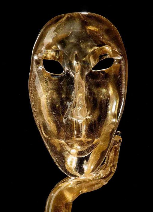 Luxury Murano Glass Surrealist Mask Sculpture – 24K Gold Face on Blue-Green Arm & Black Base - Image 2