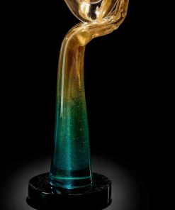 Luxury Murano Glass Surrealist Mask Sculpture – 24K Gold Face on Blue-Green Arm & Black Base - Image 3