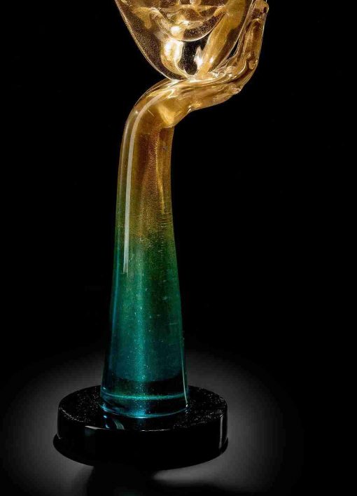 Luxury Murano Glass Surrealist Mask Sculpture – 24K Gold Face on Blue-Green Arm & Black Base - Image 3