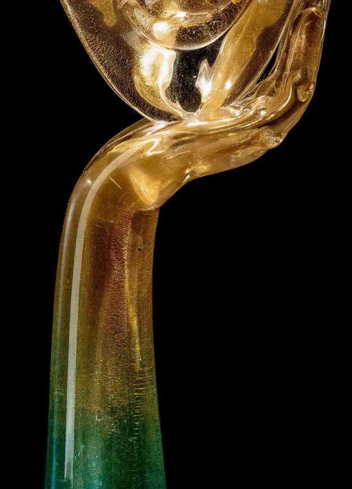 Luxury Murano Glass Surrealist Mask Sculpture – 24K Gold Face on Blue-Green Arm & Black Base - Image 4