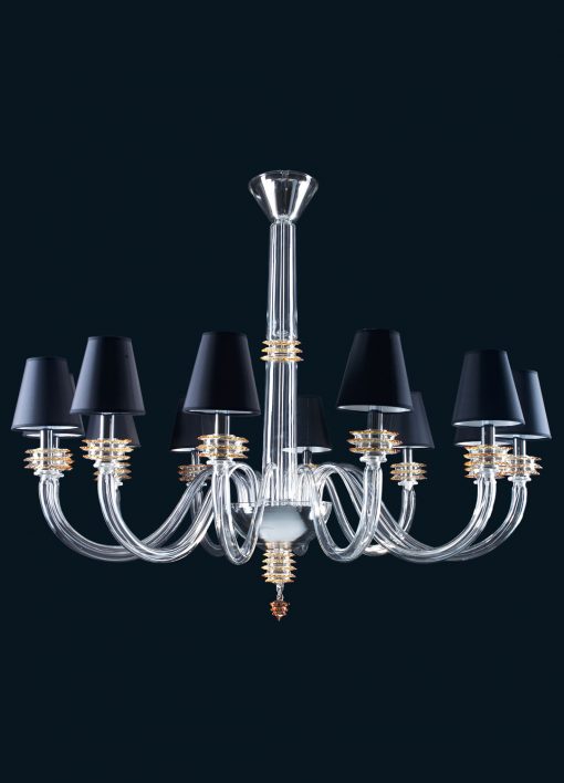 Luxury Transparent & Amber Murano Glass Chandelier with Black Lampshades