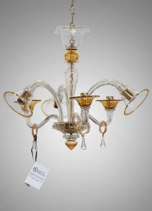 Classical 6-Light Murano Glass Chandelier with Amber Gold Accents & Crystal Drops – Handcrafted Venetian Art, Single Piece