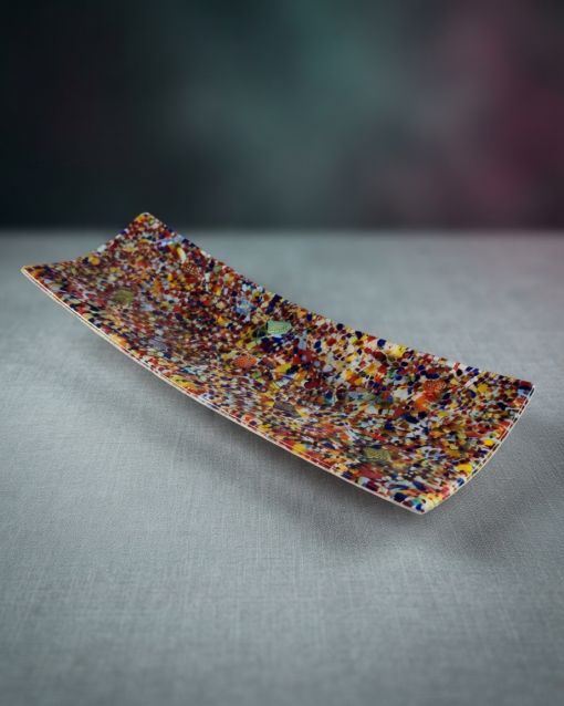 Unique Murano Glass Decorative Dish – Handmade Venetian Fused Glass Tray in Blue, Teal & Gold