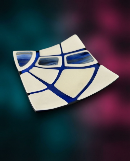 Luxury Cream & Blue Murano Glass Decorative Dish – Handcrafted Square Venetian Tray