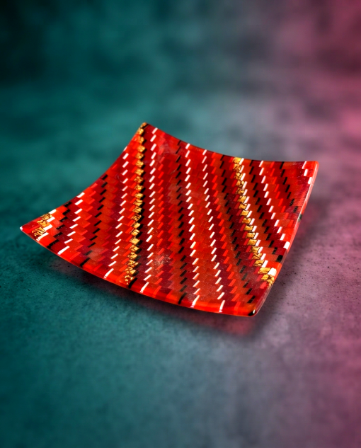 Red & Gold Murano Glass Decorative Dish – Handcrafted Venetian Square Platter